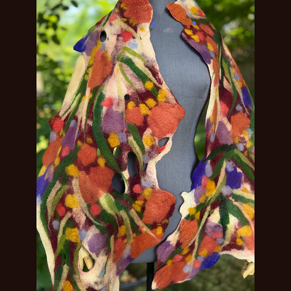 OOAK Handmade wool Felted Scarf 76” X 14” Original art work