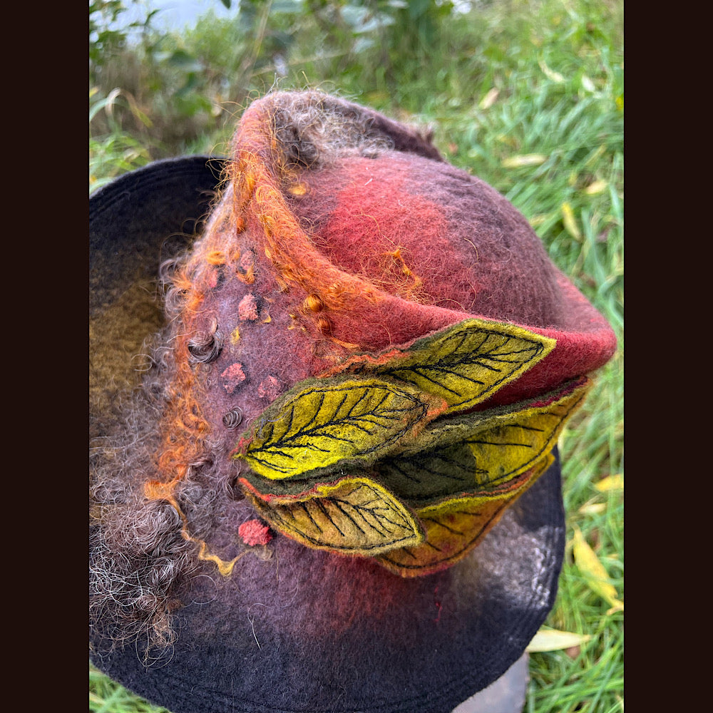 Felted top hat with leaves 23.5” medium