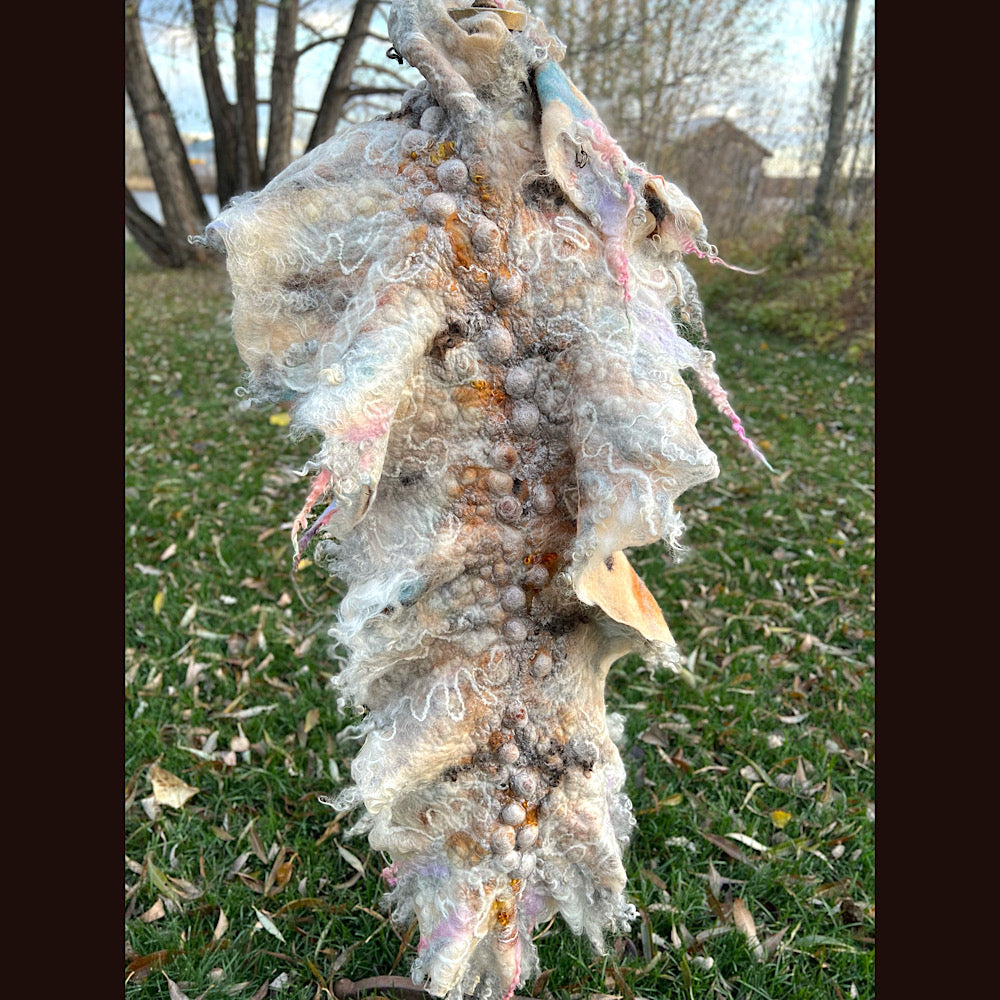 L’Esprit du bois 2024  felted shawl 72” X 22”