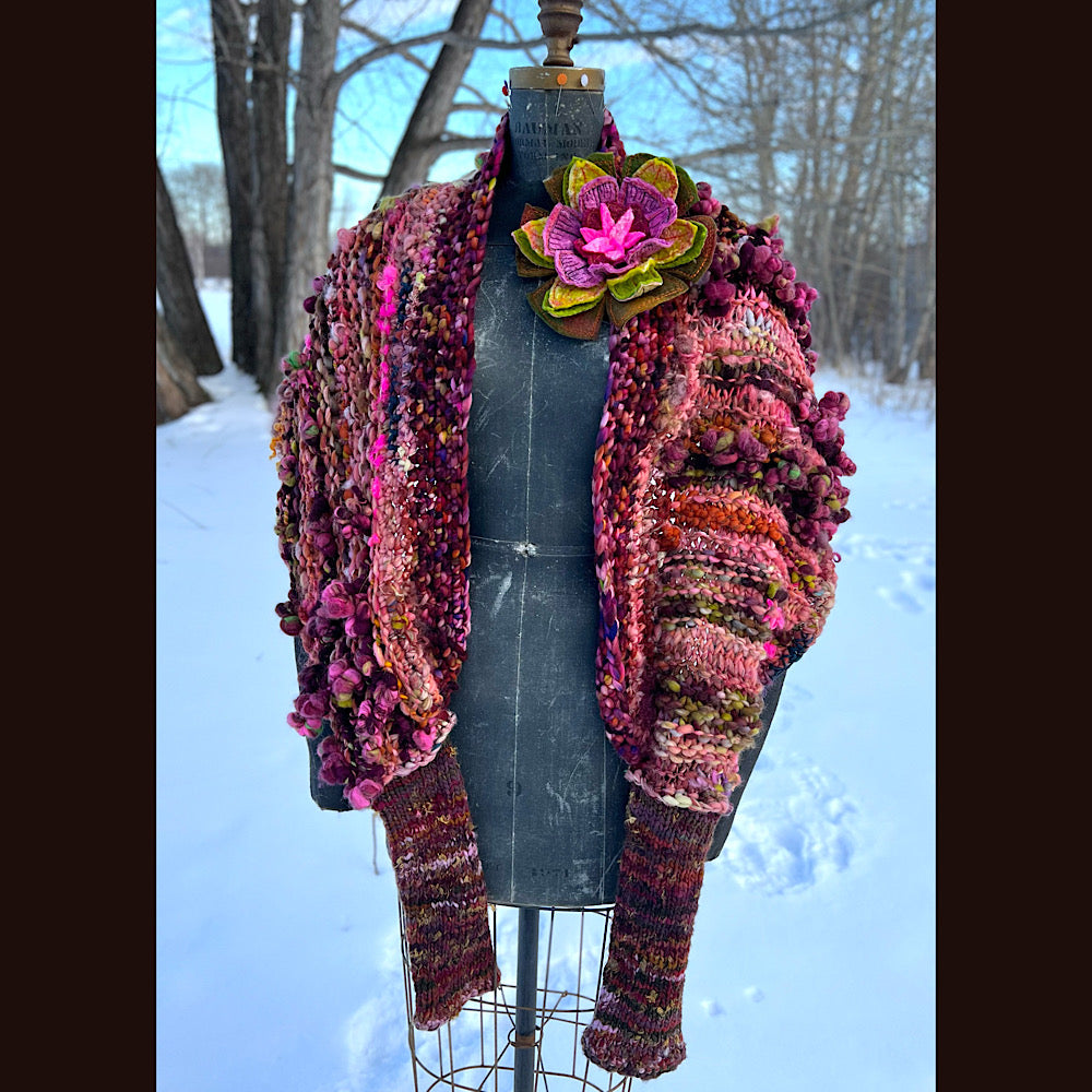 Knitted scarf made of hand spun yarn Flower included 84” X 14”