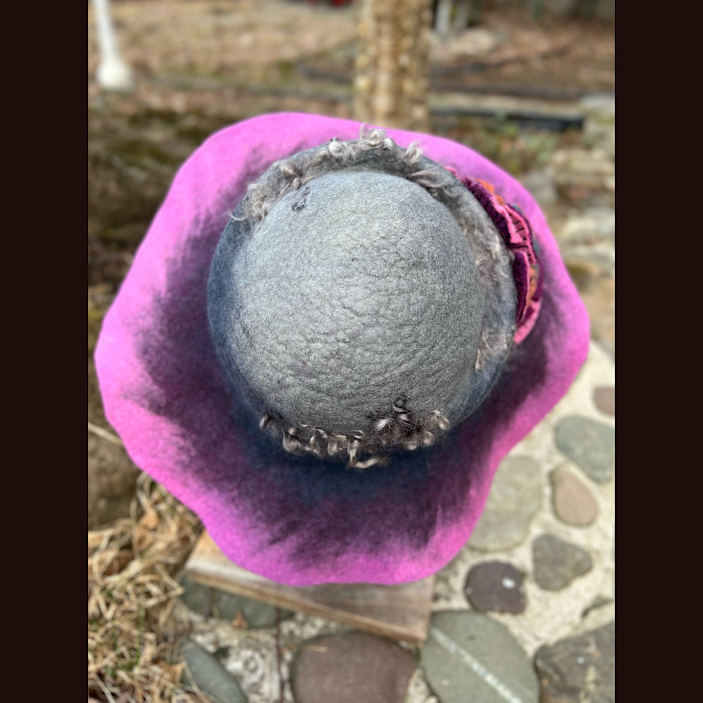 Felted top hat with rose 23” 1/2 medium