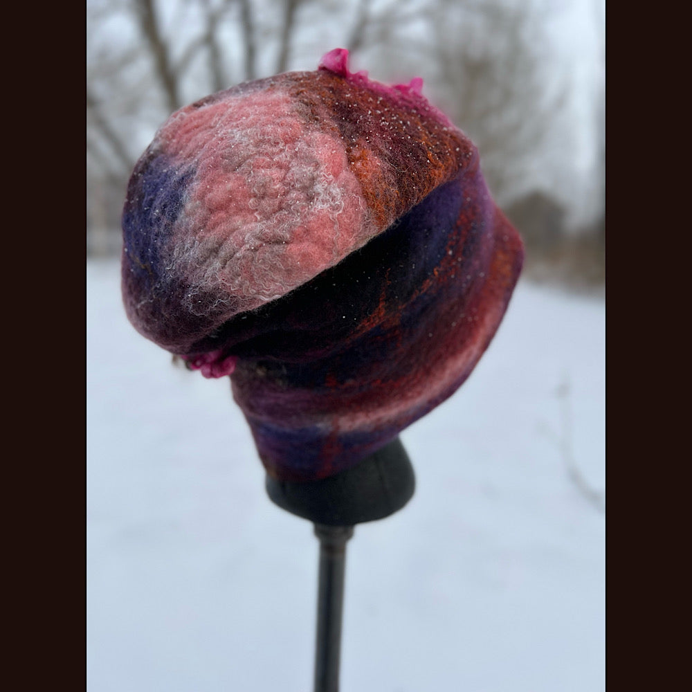 Felted toque hat with rose 23.5” medium