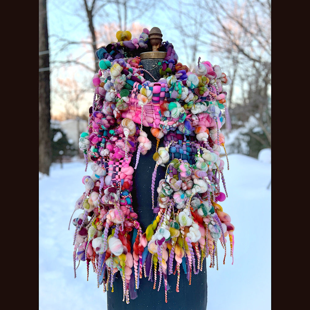 Frosted primroses woven art yarn Scarf 102” X 8” 1.6 pound!