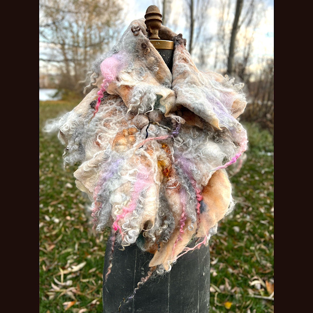 L’Esprit du bois 2024  felted shawl 72” X 22”