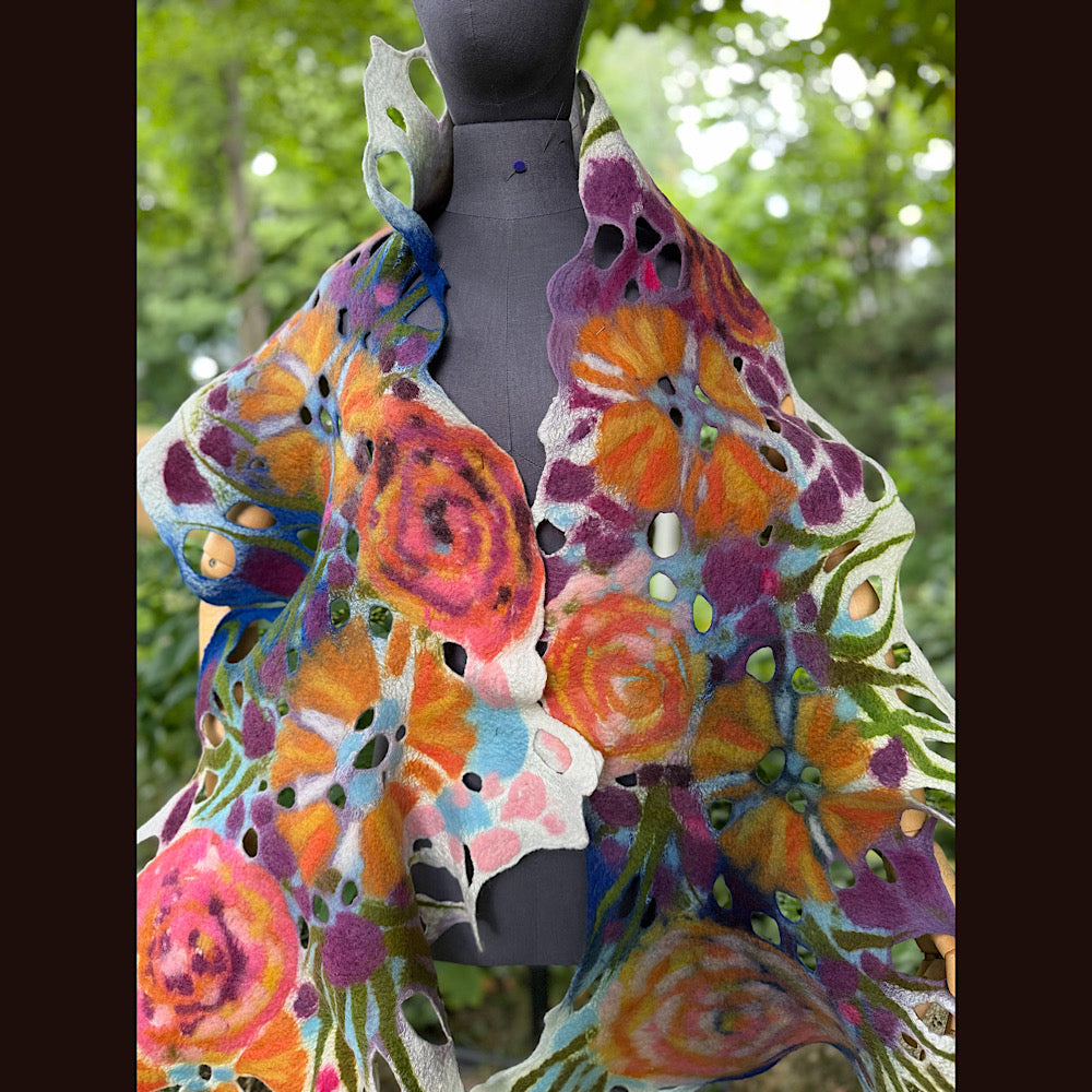 OOAK Handmade wool Felted Scarf 90” X 16” Original art work
