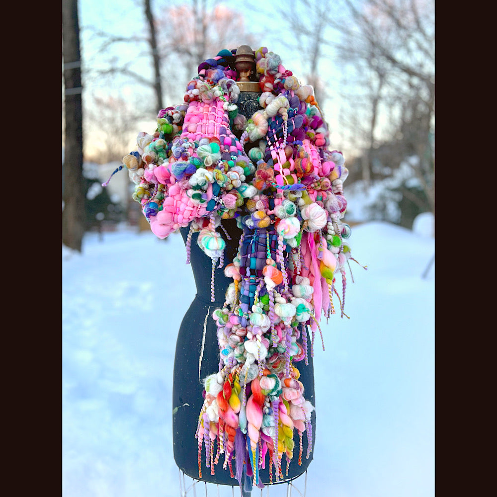 Frosted primroses woven art yarn Scarf 102” X 8” 1.6 pound!