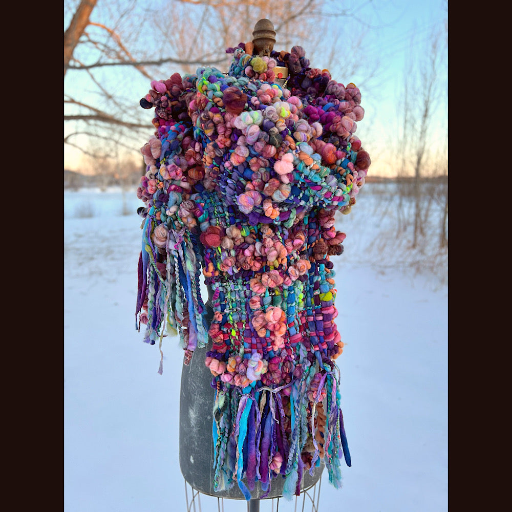 “Glorious innocence “ Woven scarf made of hand spun yarn 84” X 10”