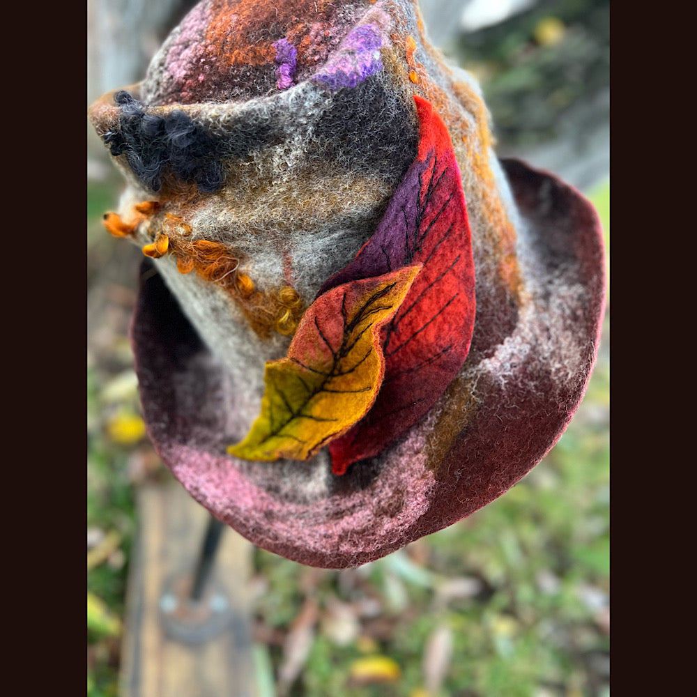 Felted top hat with leaves 24” medium large