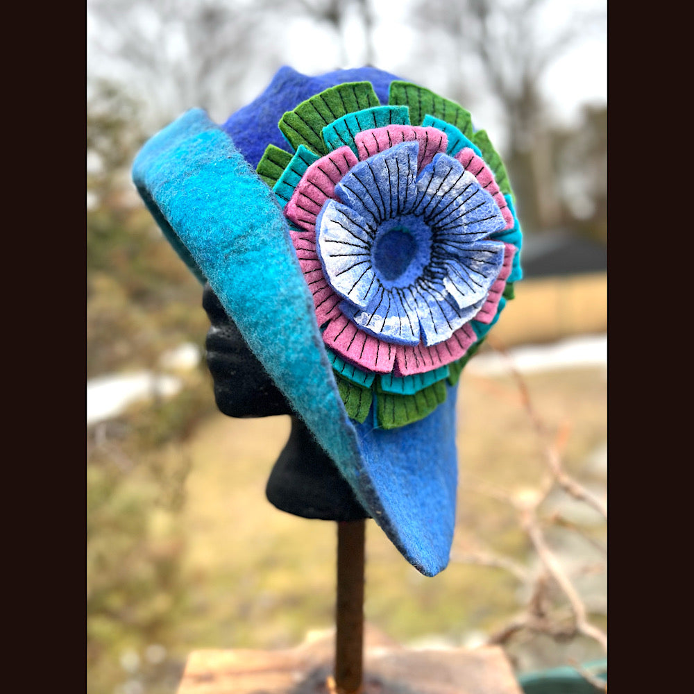 Felted cloche hat with flower 23” 1/2 medium