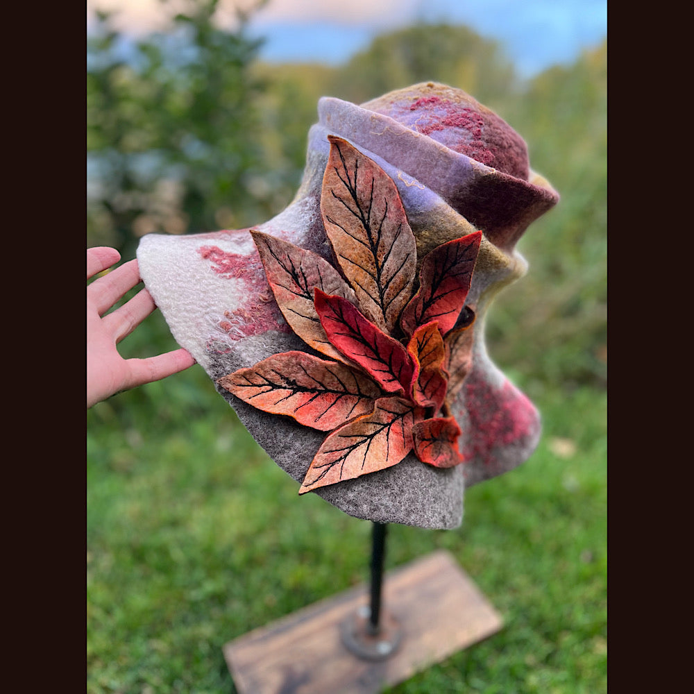 Felted top hat with leaves 24” medium large