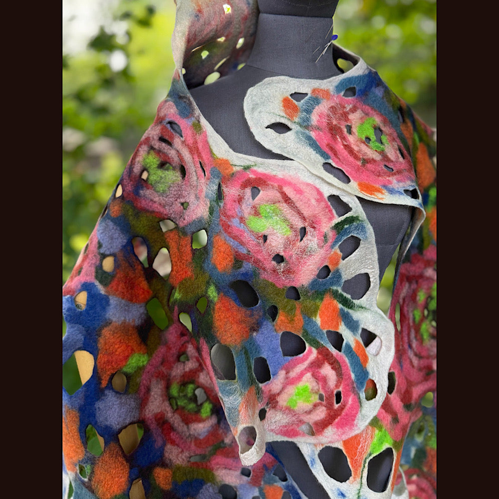 OOAK Handmade wool Felted Scarf 90” X 20” Original art work
