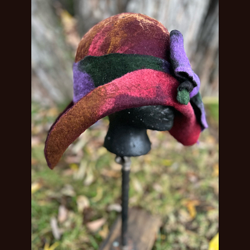 Felted cloche hat with leaves and bow 24” medium large
