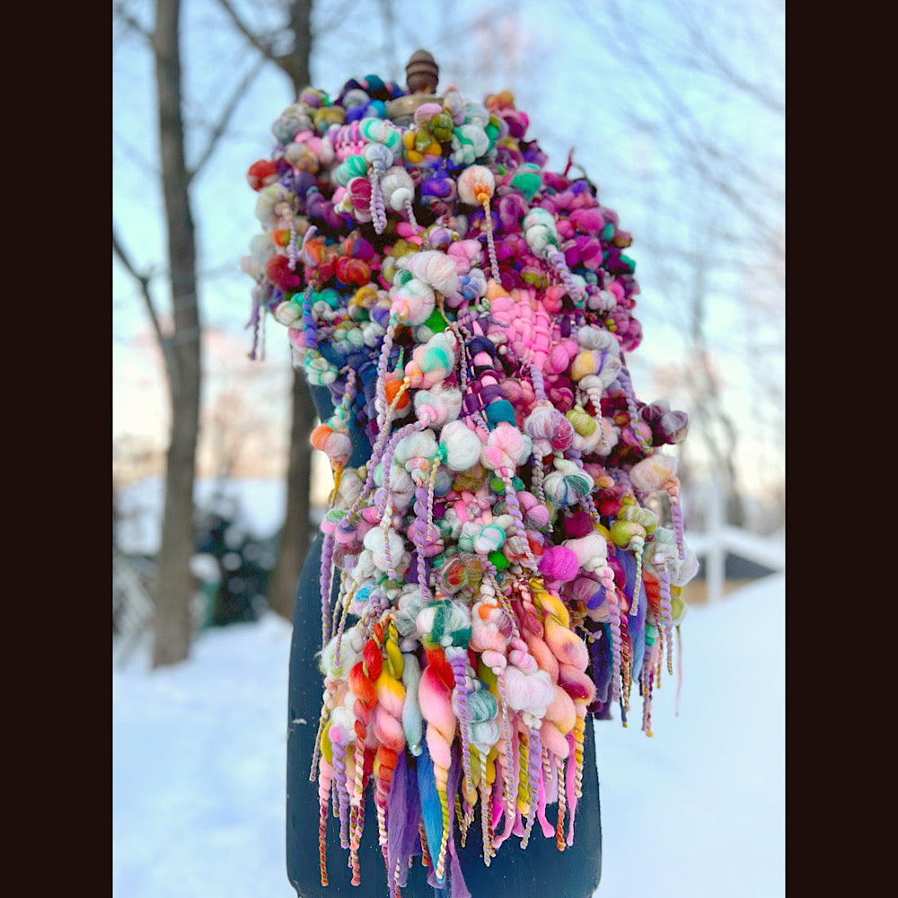 Frosted primroses woven art yarn Scarf 102” X 8” 1.6 pound!