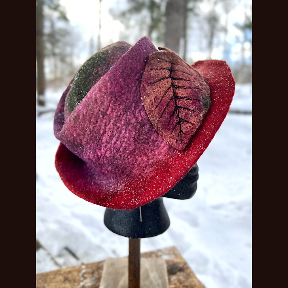 Felted top hat with leaf 23”