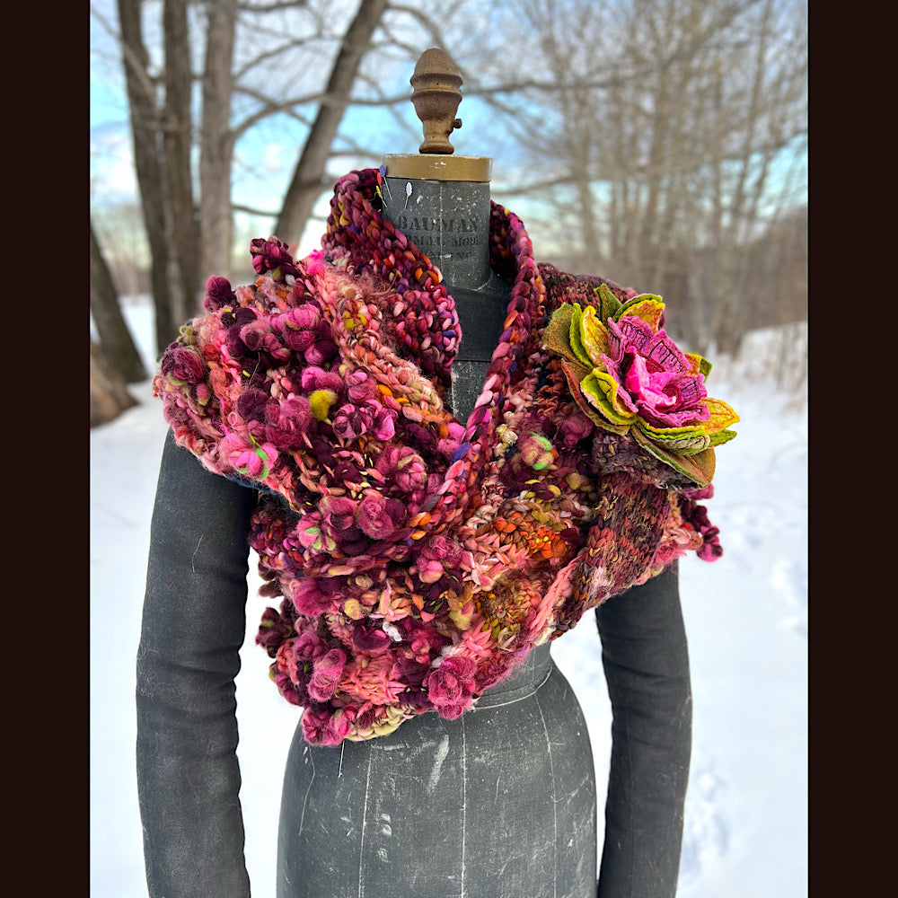 Knitted scarf made of hand spun yarn Flower included 84” X 14”
