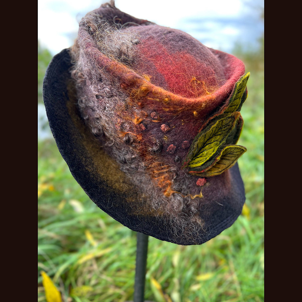 Felted top hat with leaves 23.5” medium