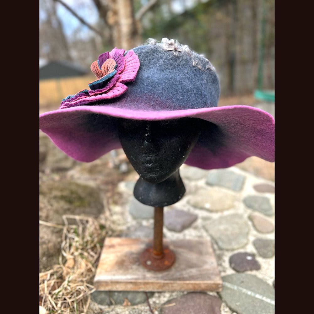 Felted top hat with rose 23” 1/2 medium