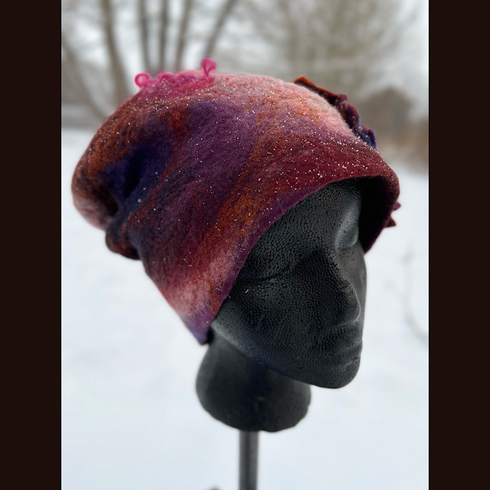 Felted toque hat with rose 23.5” medium
