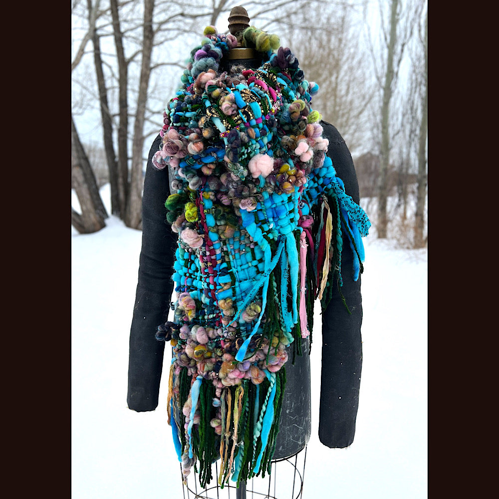 Woven scarf made of hand spun yarn 84” X 10”