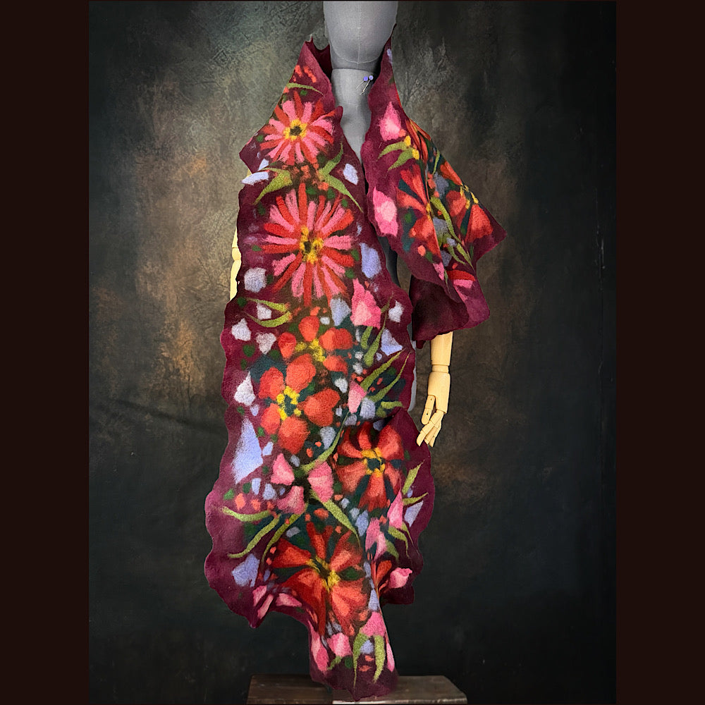 OOAK Handmade wool Felted Scarf 85” X 20” Original art work