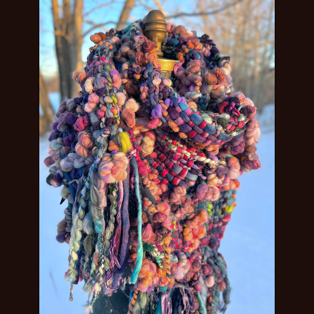 “Glorious innocence “ Woven scarf made of hand spun yarn 84” X 10”
