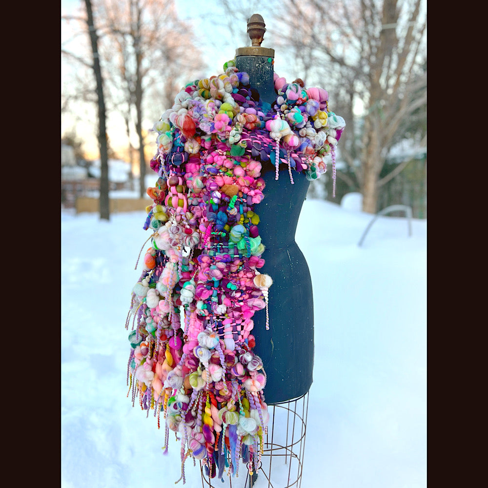 Frosted primroses woven art yarn Scarf 102” X 8” 1.6 pound!