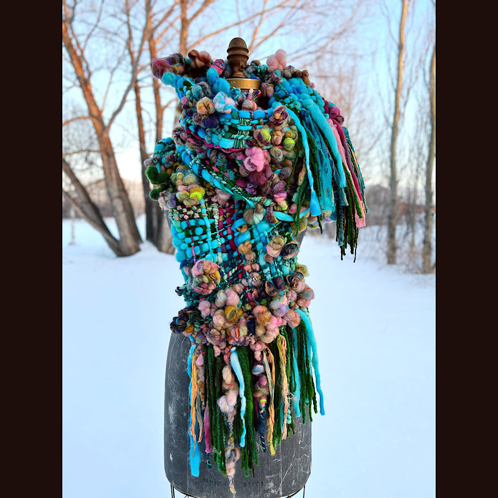 Woven scarf made of hand spun yarn 84” X 10”