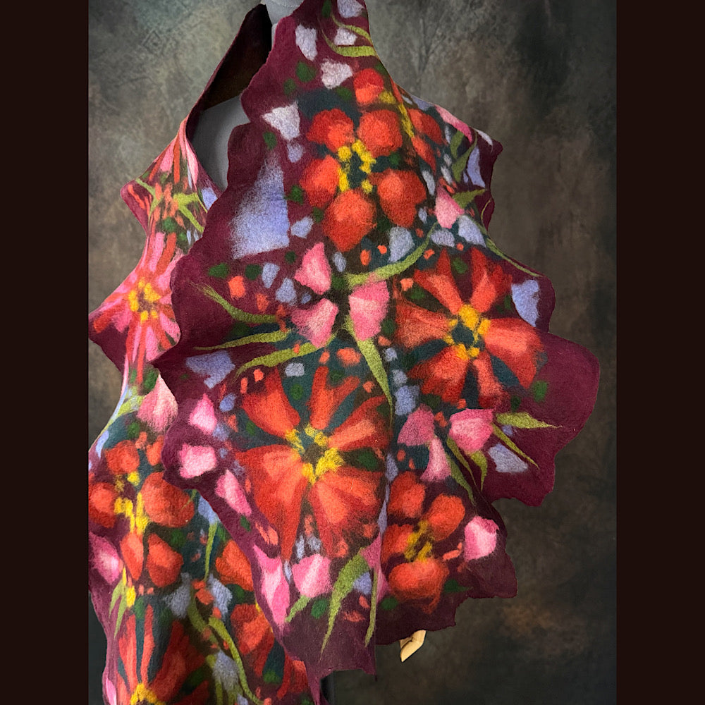 OOAK Handmade wool Felted Scarf 85” X 20” Original art work