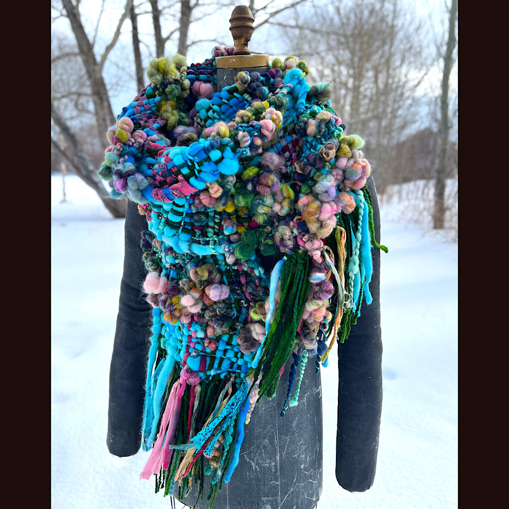 Woven scarf made of hand spun yarn 84” X 10”