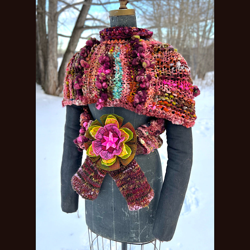 Knitted scarf made of hand spun yarn Flower included 84” X 14”