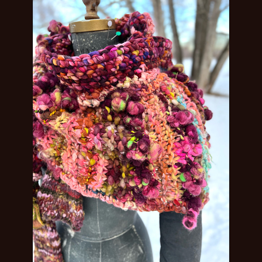 Knitted scarf made of hand spun yarn Flower included 84” X 14”