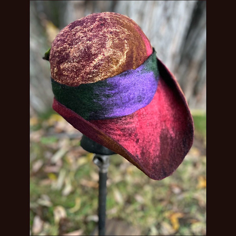 Felted cloche hat with leaves and bow 24” medium large