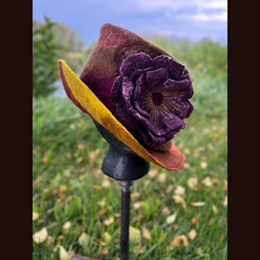 Felted top hat with rose 23.5” medium