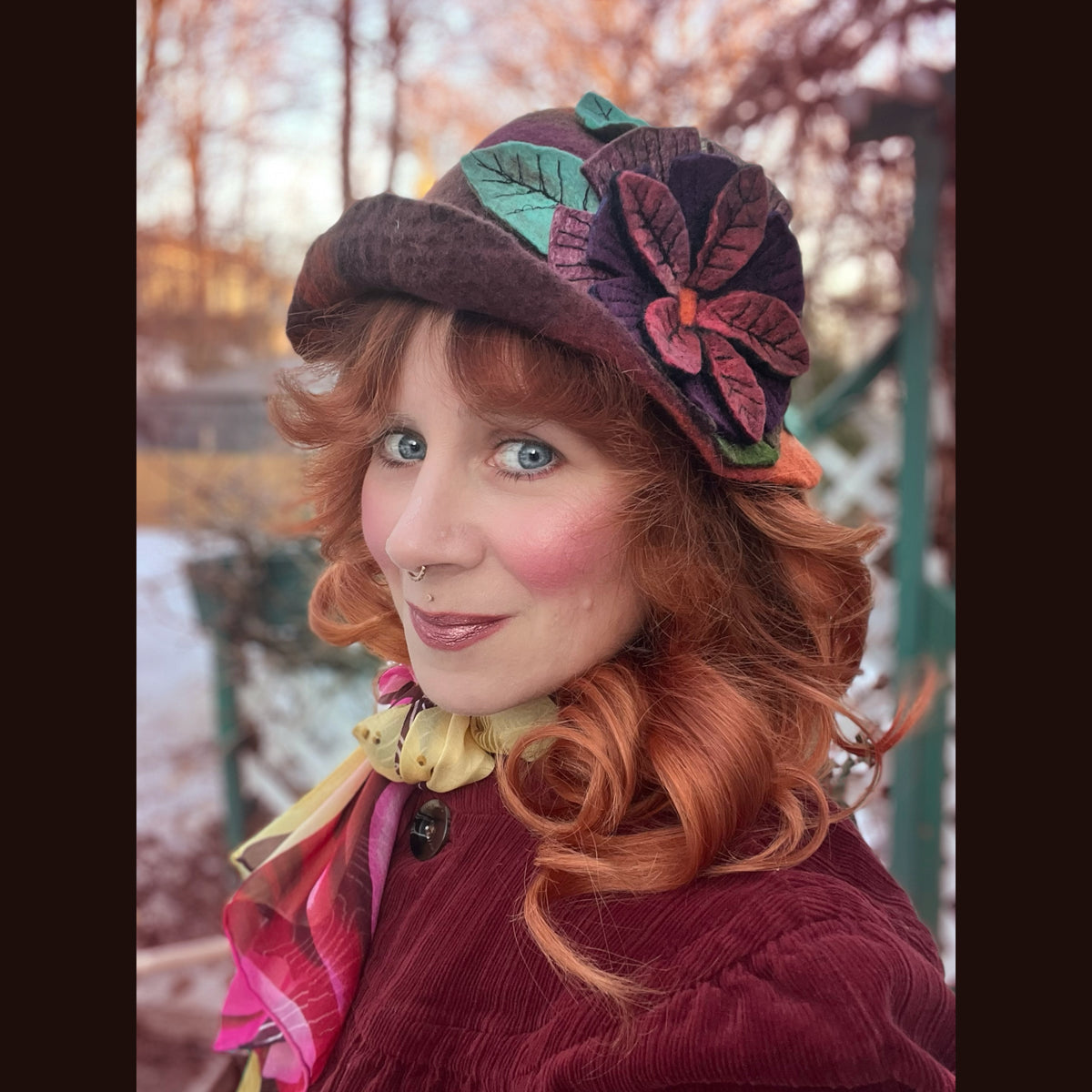 Felted mini cloche hat with flower 22” small