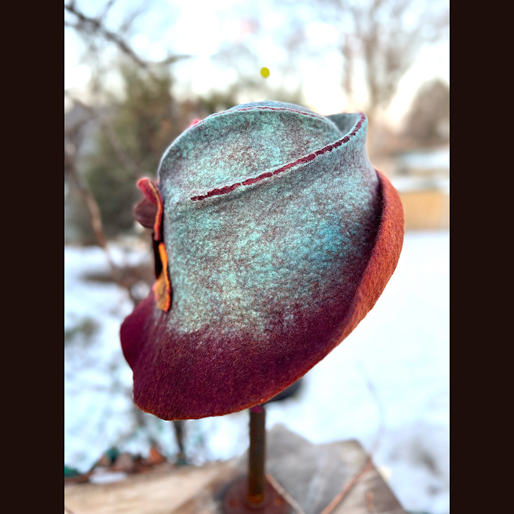 Felted top hat with flower 23” 1/2 medium