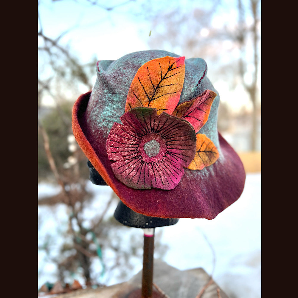 Felted top hat with flower 23” 1/2 medium
