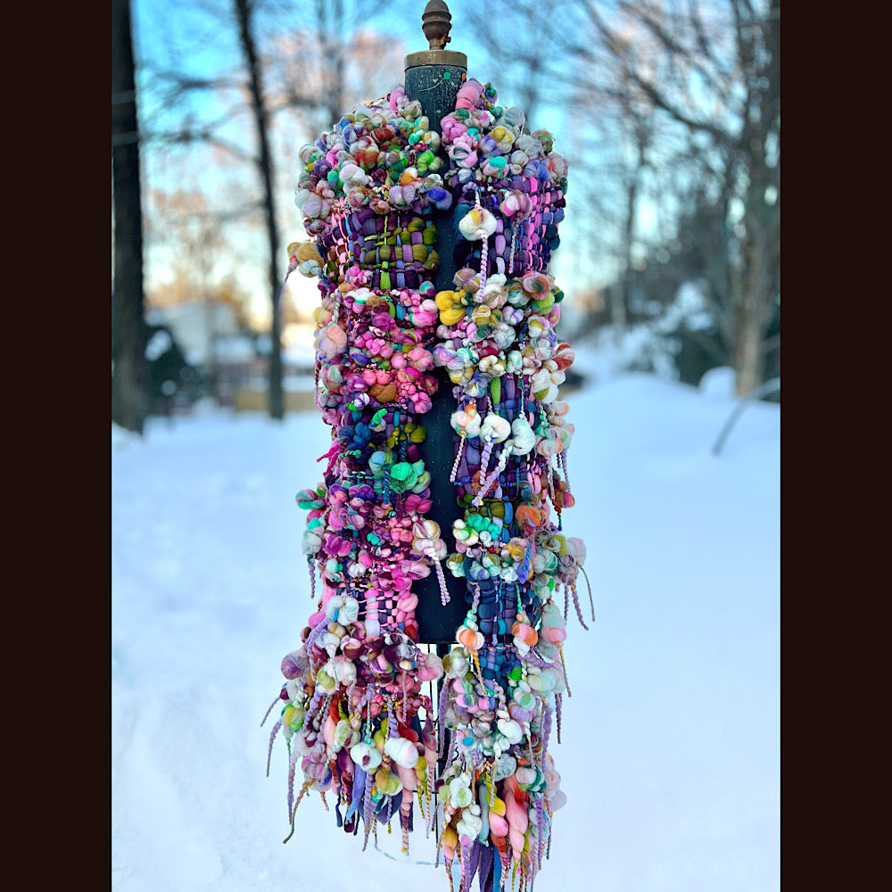 Frosted primroses woven art yarn Scarf 102” X 8” 1.6 pound!