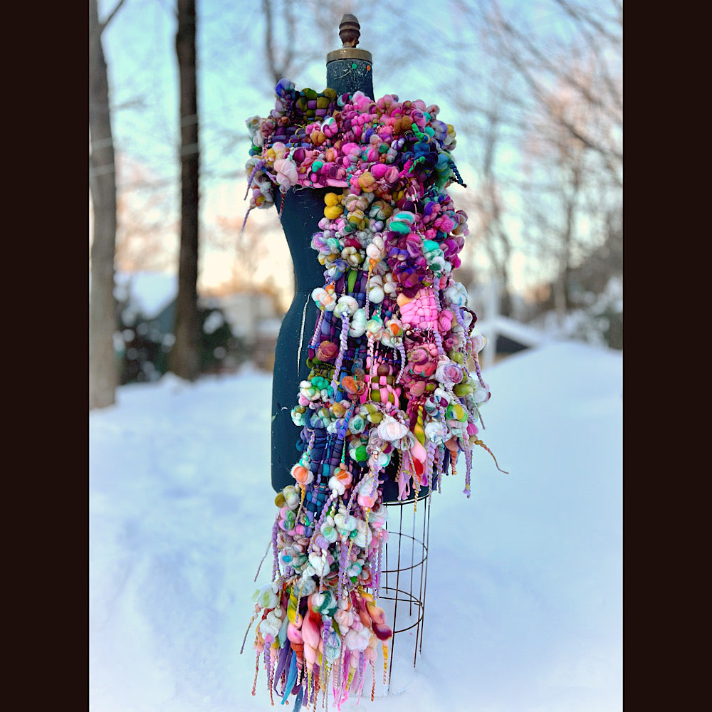 Frosted primroses woven art yarn Scarf 102” X 8” 1.6 pound!