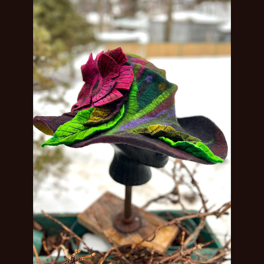 Felted top hat with rose 23” medium