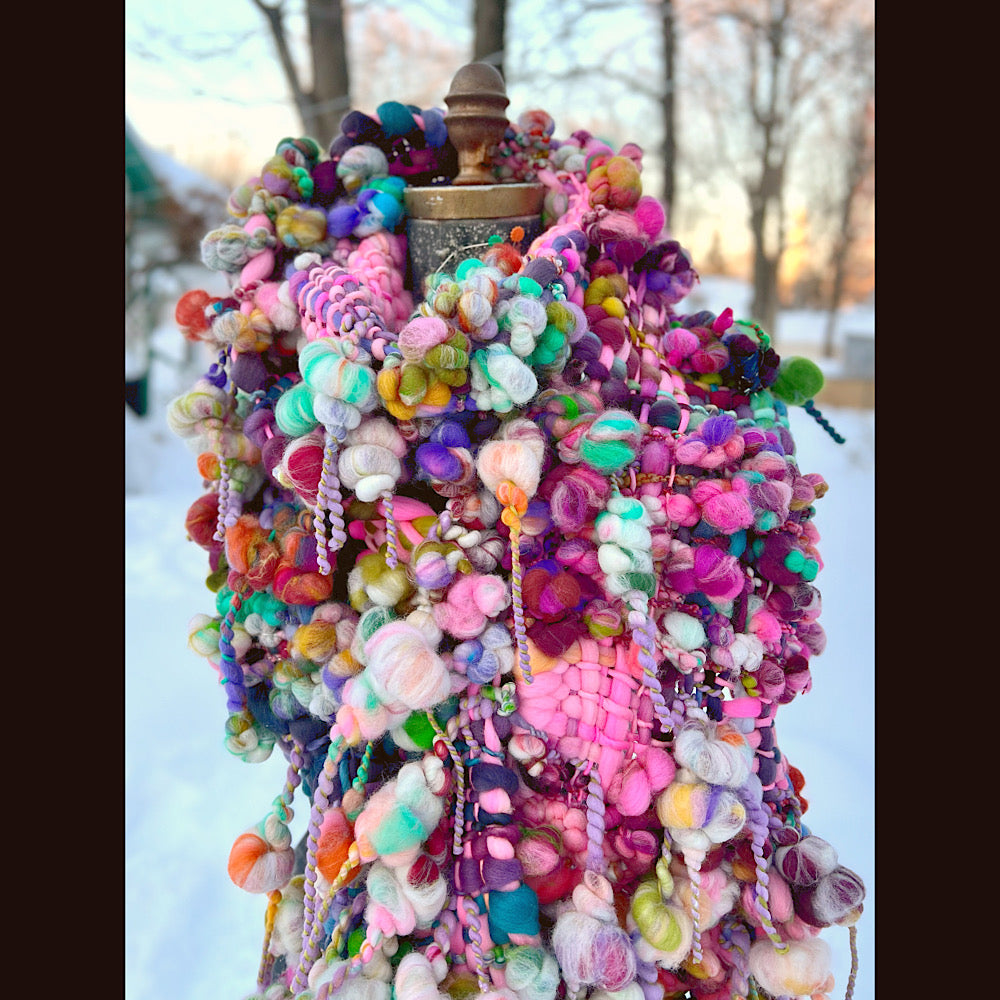 Frosted primroses woven art yarn Scarf 102” X 8” 1.6 pound!