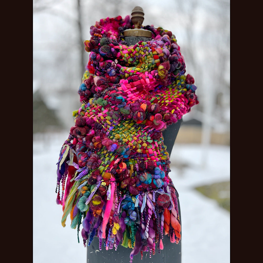 Happiness-  Woven art yarn Scarf 90” X 10”