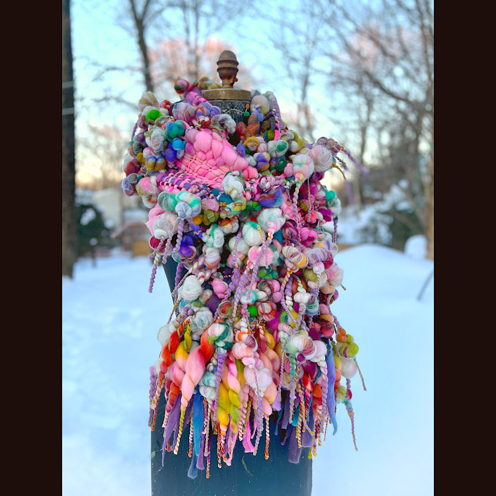 Frosted primroses woven art yarn Scarf 102” X 8” 1.6 pound!