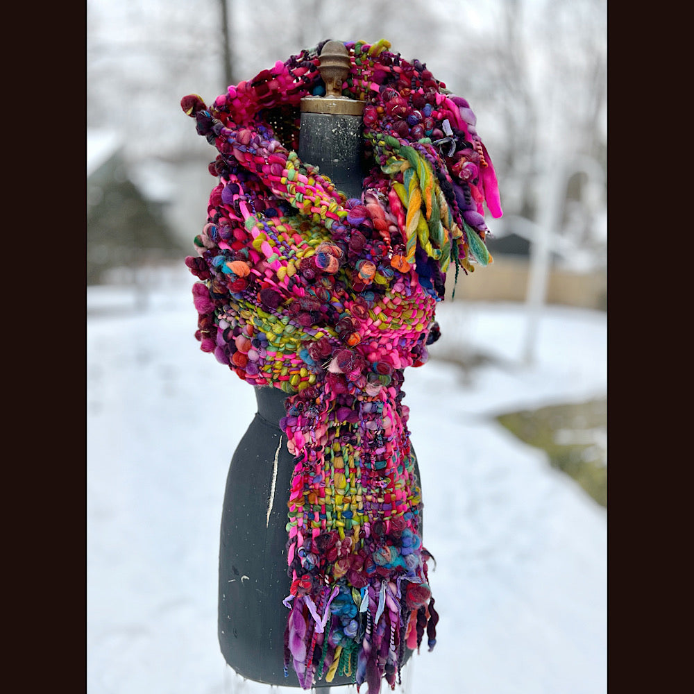 Happiness-  Woven art yarn Scarf 90” X 10”