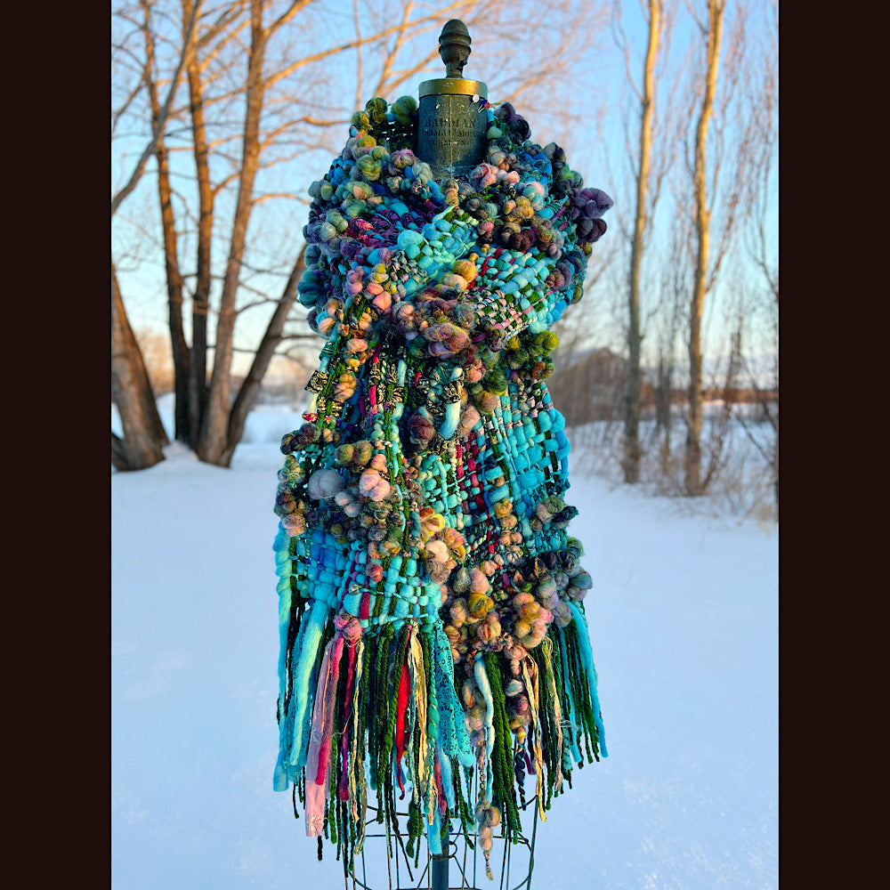 Woven scarf made of hand spun yarn 84” X 10”