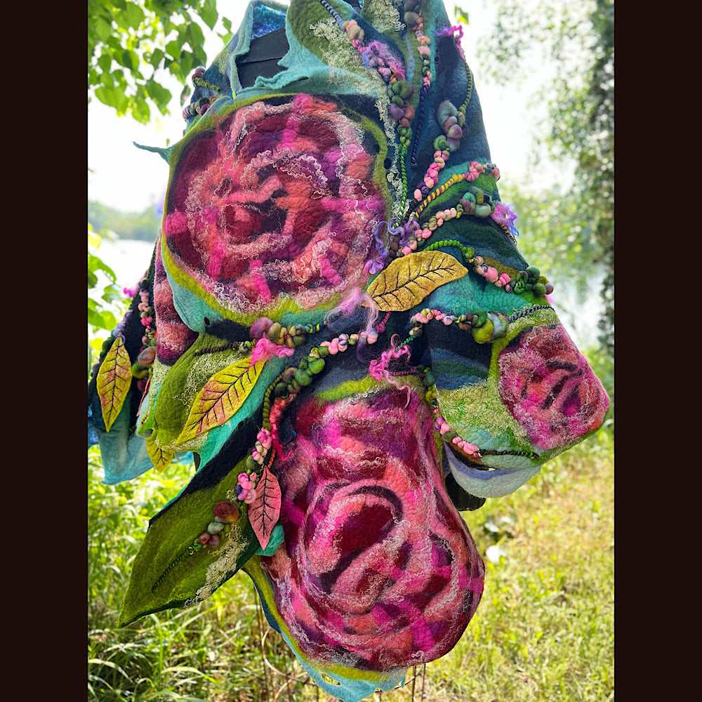 Wild Roses Large Felted Shawl 80” X 30”