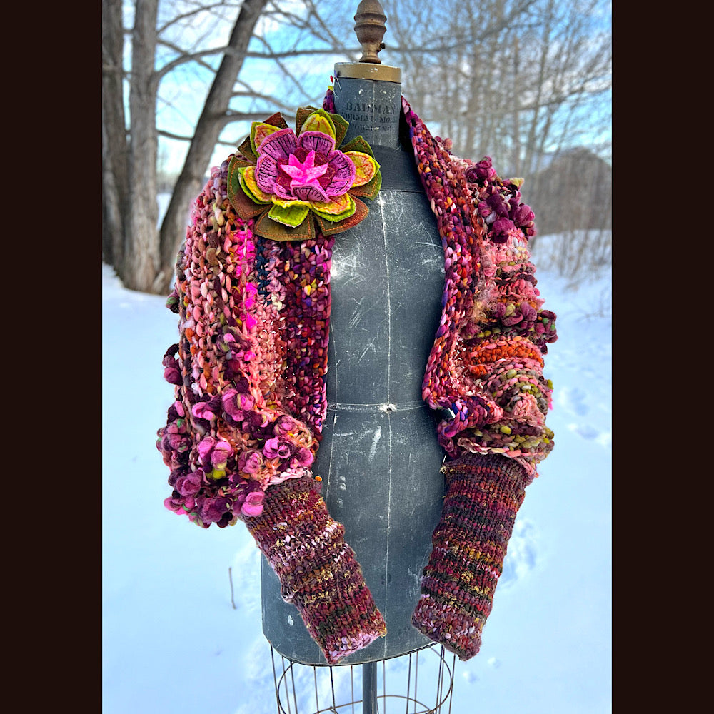 Knitted scarf made of hand spun yarn Flower included 84” X 14”