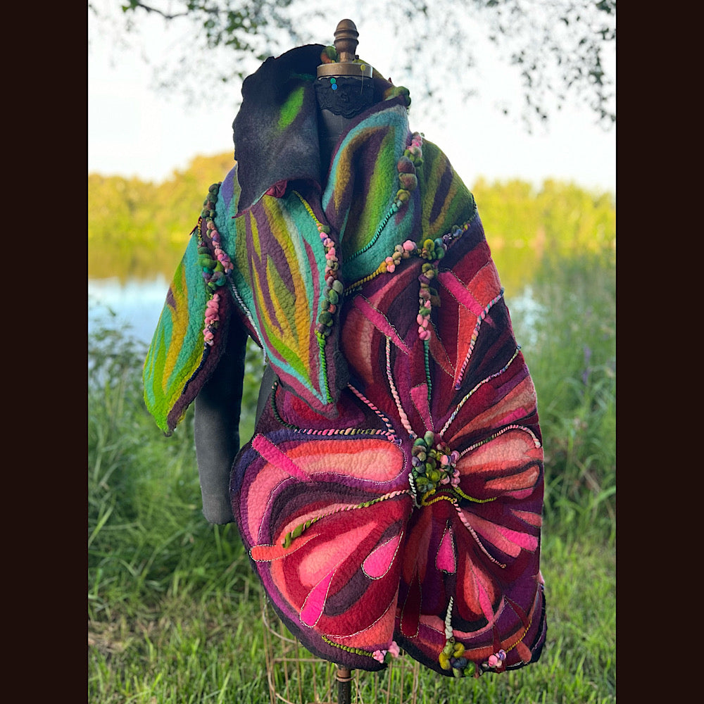 Wild Roses Large Felted Shawl 75” X 38”