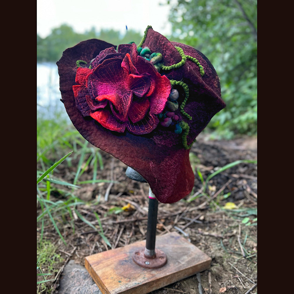 Felted top hat with rose 24” medium large