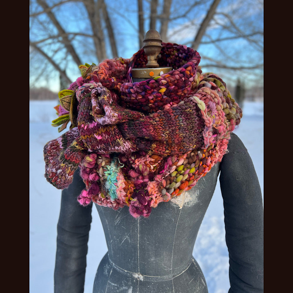 Knitted scarf made of hand spun yarn Flower included 84” X 14”