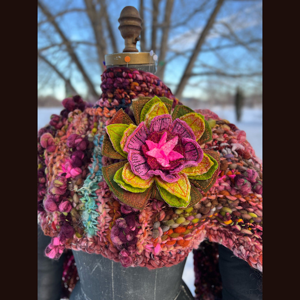 Knitted scarf made of hand spun yarn Flower included 84” X 14”